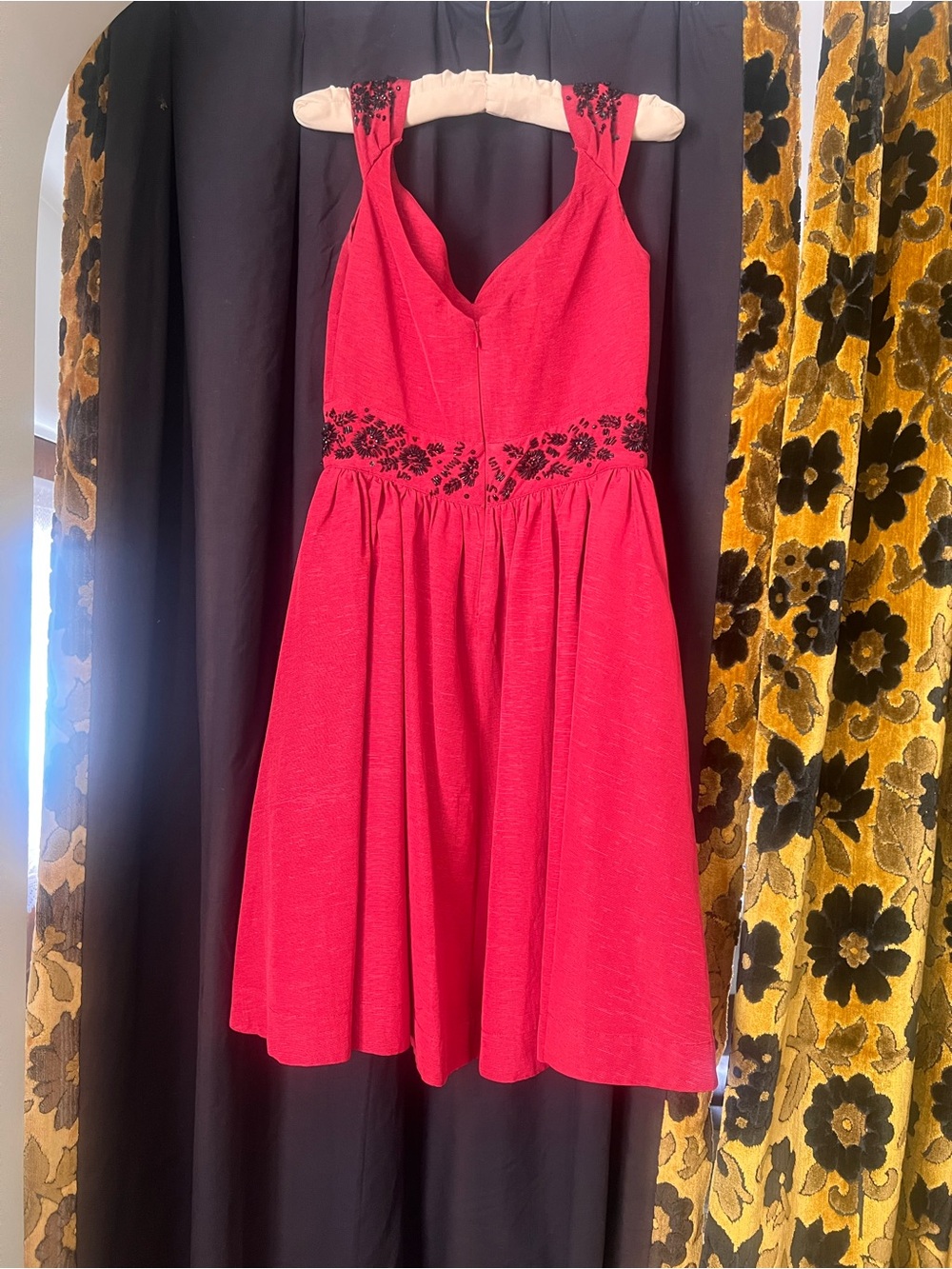 Crimson party dress with jet bead detail. 1940’s-50’s Winter Holiday elegance.